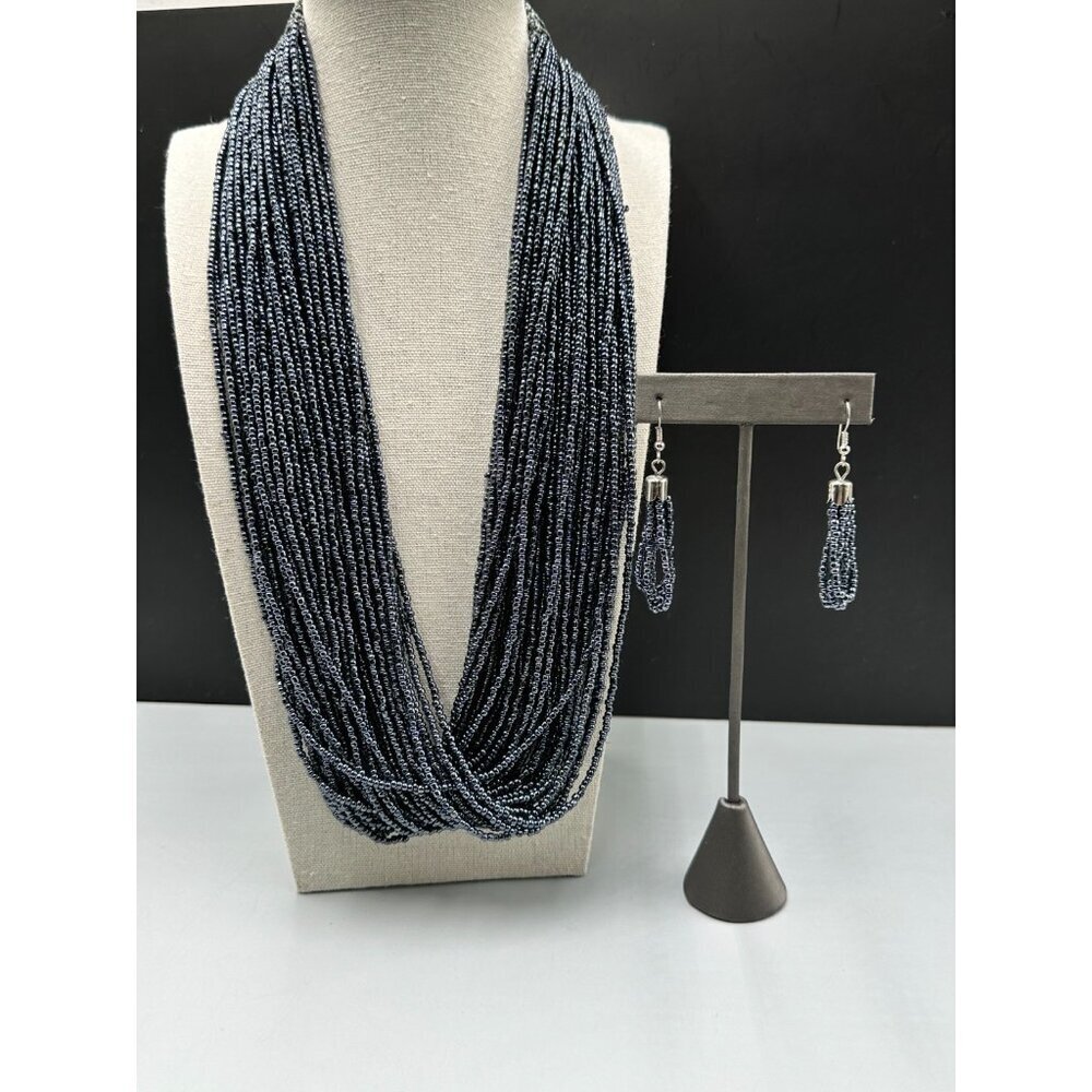 Metallic Grey Seed Bead Necklace Earring Set Multi Strand Crochet Neck Draped